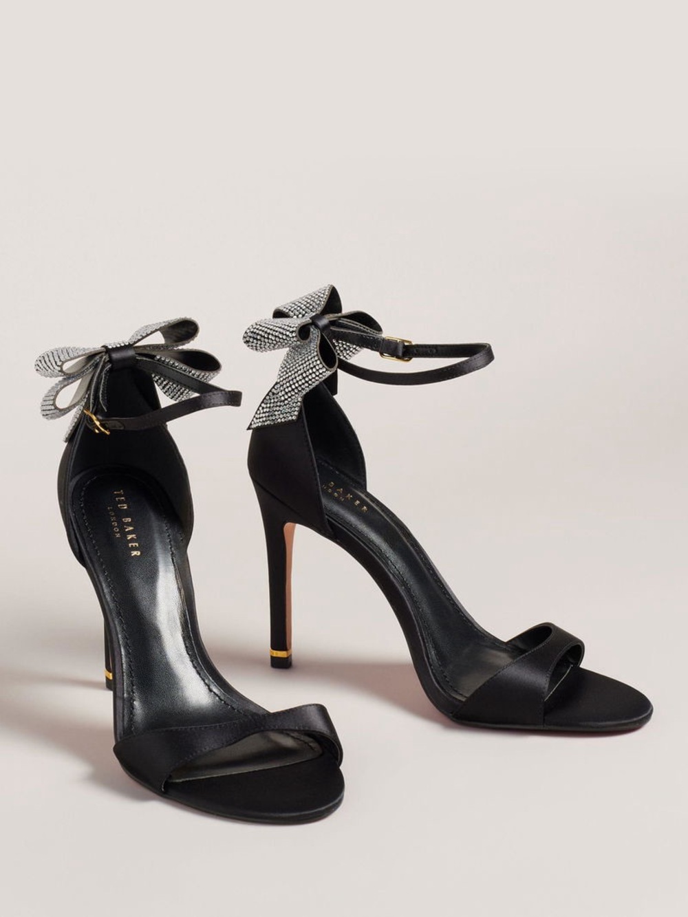 Ted Baker Black Satin Bow-Accent Ankle Strap Heels